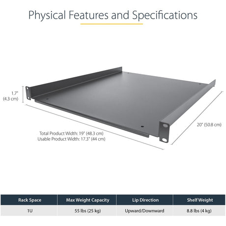 StarTech.com 1U Server Rack Cabinet Shelf - Fixed 20" Deep Cantilever Rackmount Tray for 19" Data/AV/Network Enclosure w/cage nuts, screws — SHELF-1U-20-FIXED-S