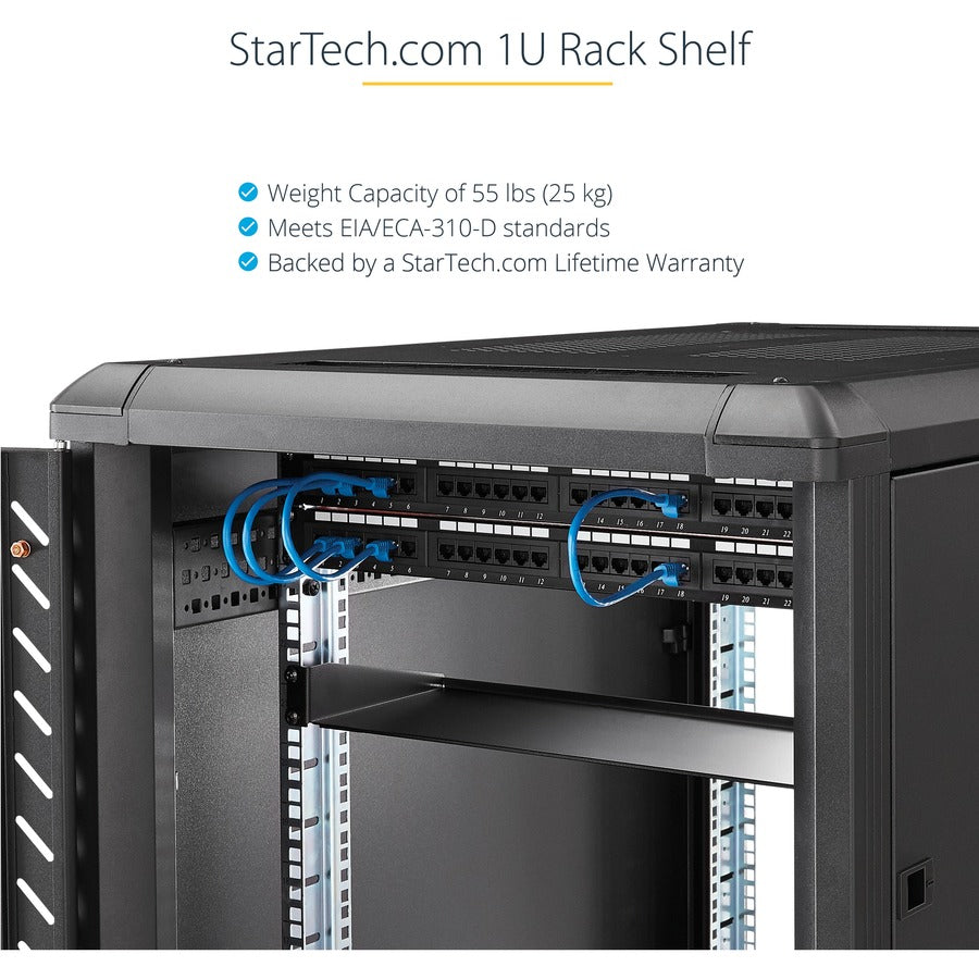 StarTech.com 1U Server Rack Cabinet Shelf - Fixed 20" Deep Cantilever Rackmount Tray for 19" Data/AV/Network Enclosure w/cage nuts, screws — SHELF-1U-20-FIXED-S