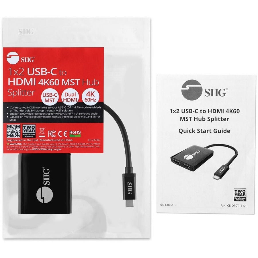 SIIG 1x2 USB-C to HDMI 4K60 MST Hub Splitter — CE-DP0T11-S1