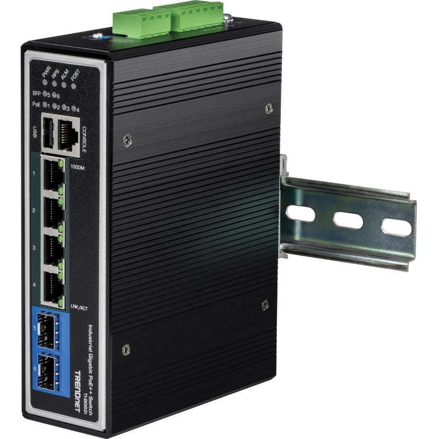 TRENDnet 6-Port Industrial Gigabit L2+ Managed PoE++ DIN Rail Switch, 4 x Gigabit PoE++ Ports, DIN-Rail Mount, 2 x SFP Slots, IP30, VLAN, QoS, LACP, Bandwidth Management, ERPS, Black, TI-BG62i