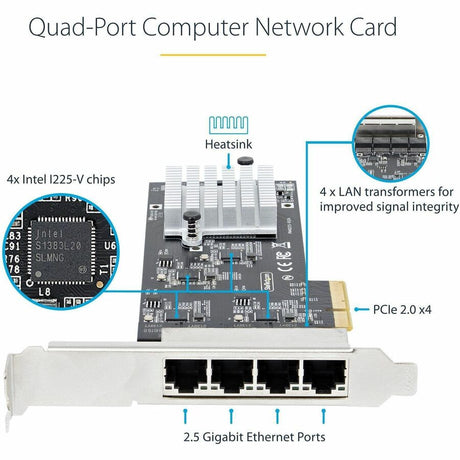 StarTech.com 4-Port 2.5G NBASE-T PCIe Network Card, Computer Network Card Interface, Intel® I225-V, Quad-Port Ethernet, Multi-Gigabit NIC — PR42GI-NETWORK-CARD