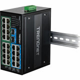 TRENDnet 26-Port Hardened Industrial Unmanaged Gigabit DIN-Rail Switch, TI-PG262, 16 x Gigabit PoE+ Ports, 8 x Gigabit RJ-45 Ports, 2 x SFP Ports, IP30, Lifetime Protection, Black