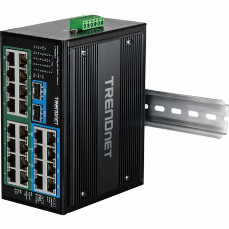 TRENDnet 26-Port Hardened Industrial Unmanaged Gigabit DIN-Rail Switch, TI-PG262, 16 x Gigabit PoE+ Ports, 8 x Gigabit RJ-45 Ports, 2 x SFP Ports, IP30, Lifetime Protection, Black
