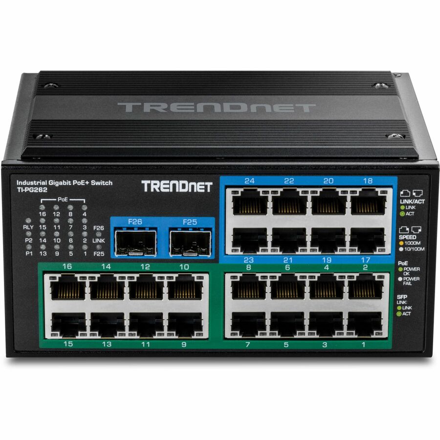 TRENDnet 26-Port Hardened Industrial Unmanaged Gigabit DIN-Rail Switch, TI-PG262, 16 x Gigabit PoE+ Ports, 8 x Gigabit RJ-45 Ports, 2 x SFP Ports, IP30, Lifetime Protection, Black