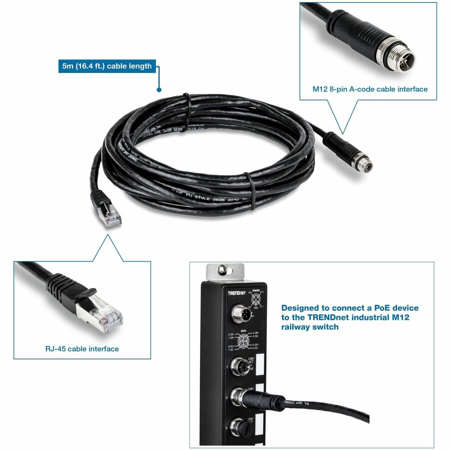 TRENDnet M12 to RJ-45 Industrial Ethernet Cable, 5m (16.4 ft.) — TI-CD05