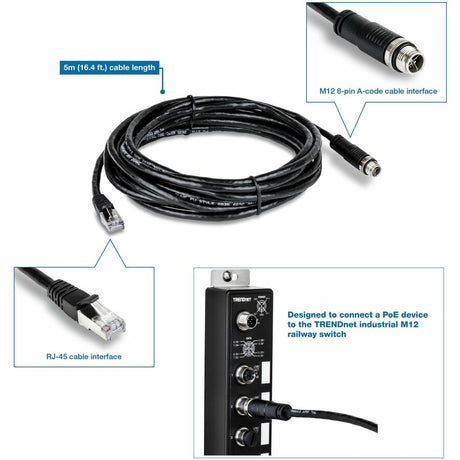 TRENDnet M12 to RJ-45 Industrial Ethernet Cable, 5m (16.4 ft.) — TI-CD05