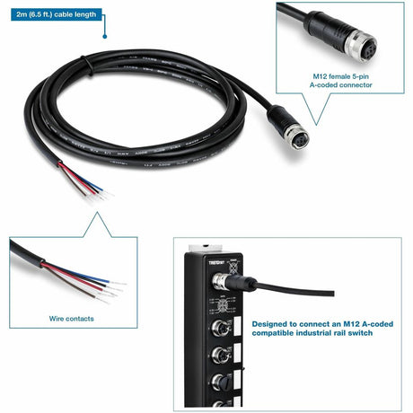 TRENDnet Industrial M12 Female 5-Pin Connector Electrical Cable, 2m (6.5 ft.) — TPE-219GI