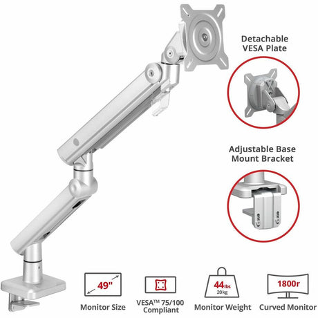 SIIG MTPRO Heavy Duty Desk Mount Single Monitor Arm - Up to 49"- Max load up to 44 lbs - VESA 75 & 100mm — CE-MT3V11-S1