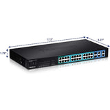 TRENDnet 28-Port 10/100Mbps Web Smart PoE+ Switch, 20 x PoE Ports, 4 x PoE+ Ports, 2 x Gigabit Ports, 2 x Shared Gigabit Ports (RJ-45 or SFP), Rack Mountable, Lifetime Protection, Black, TPE-224WS
