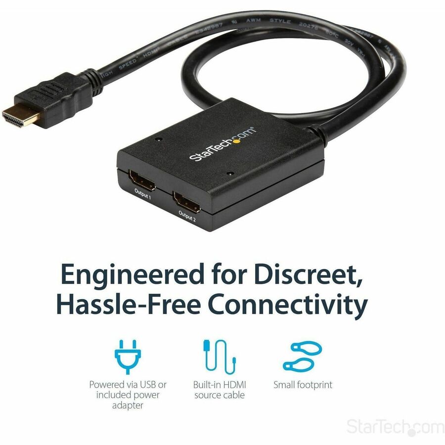 StarTech.com HDMI Splitter 1 In 2 Out - 4k 30Hz - 2 Port - Supports 3D video - Powered HDMI Splitter - HDMI Audio Splitter — ST122HD4KU