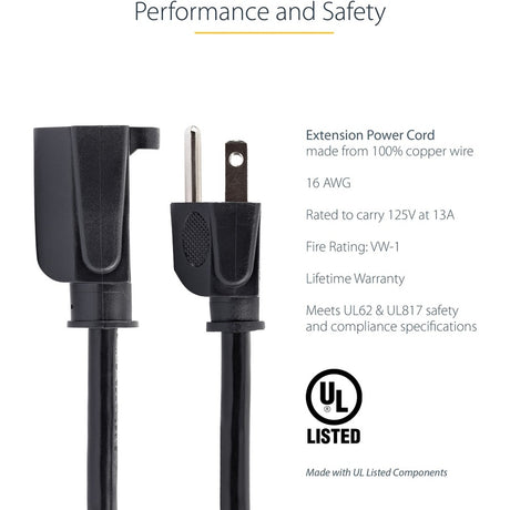 StarTech.com 1ft (0.3m) Short Extension Cord, NEMA5-15R to NEMA5-15P Black Extension Cord, 13A 125V, 16AWG, Computer Power Extension Cable — PAC101