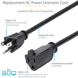 StarTech.com 1ft (0.3m) Short Extension Cord, NEMA5-15R to NEMA5-15P Black Extension Cord, 13A 125V, 16AWG, Computer Power Extension Cable — PAC101