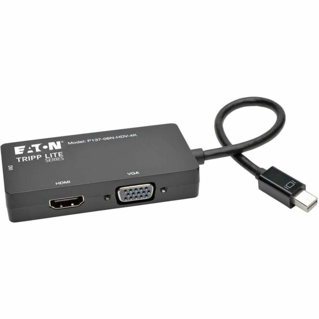 Eaton Tripp Lite Series Keyspan Mini DisplayPort to VGA/DVI/HDMI All-in-One Video Converter Adapter, 4K 30Hz HDMI, DP1.2, Black, 6-in. (15.24 cm) — P137-06N-HDV-4K