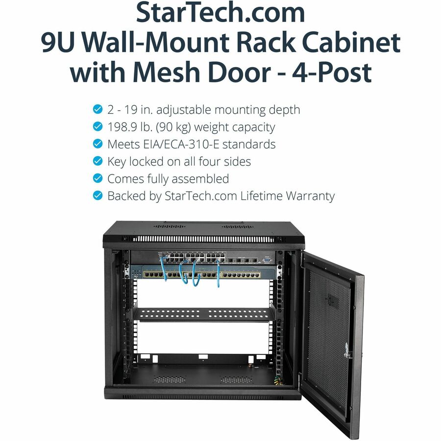 StarTech.com 4-Post 9U Wall Mount Network Cabinet, 19" Wall-Mounted Server Rack for Data / Computer Equipment, Small IT Rack Enclosure — RK920WALM
