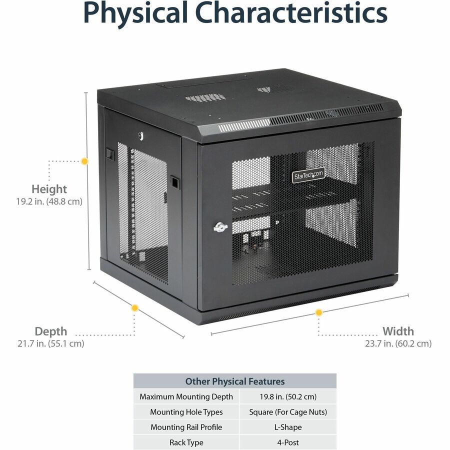 StarTech.com 4-Post 9U Wall Mount Network Cabinet, 19" Wall-Mounted Server Rack for Data / Computer Equipment, Small IT Rack Enclosure — RK920WALM