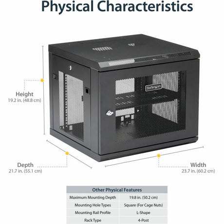 StarTech.com 4-Post 9U Wall Mount Network Cabinet, 19" Wall-Mounted Server Rack for Data / Computer Equipment, Small IT Rack Enclosure — RK920WALM