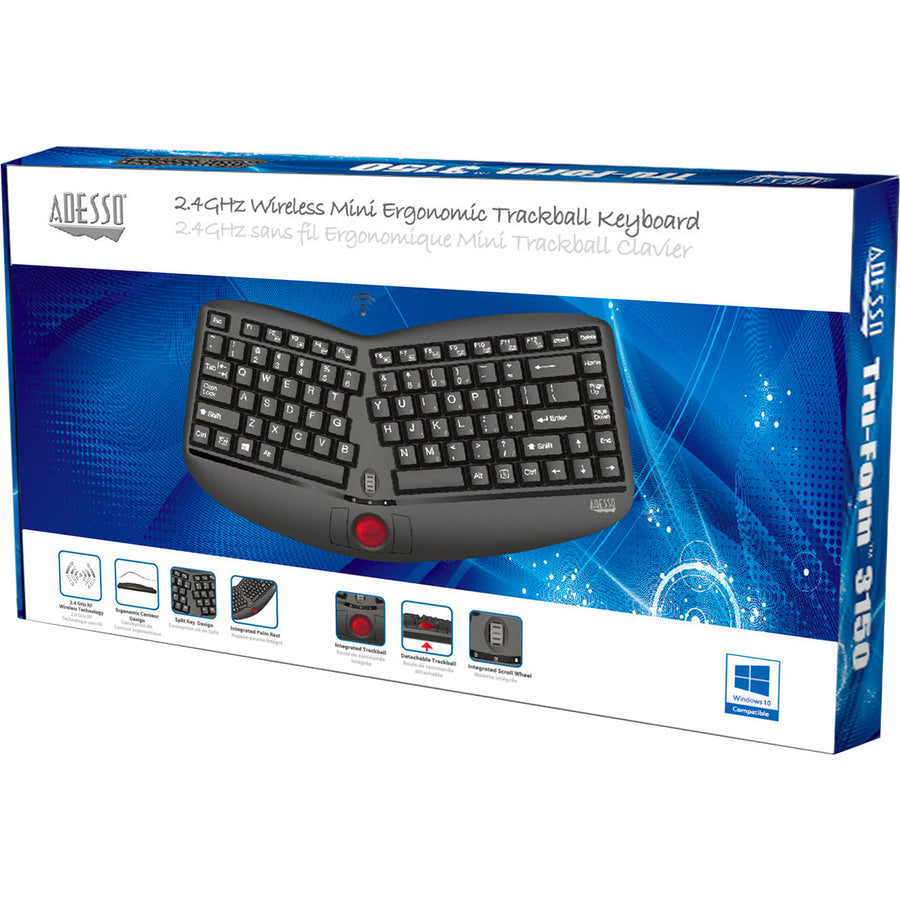 Adesso Tru-Form Media 3150 - 2.4 GHz Wireless Ergo Trackball Keyboard — WKB-3150UB