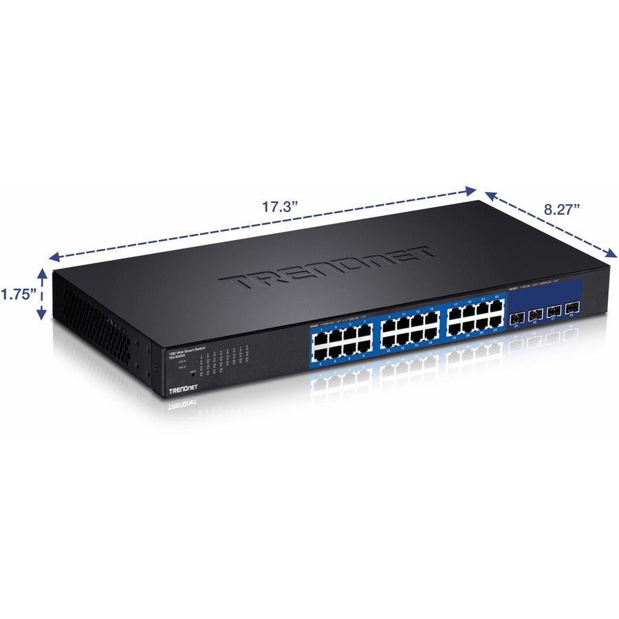 TRENDnet 28-Port Web Smart Switch, 24 x Gigabit Ports, 4 x 10G SFP+ Slots, High Speed Network Uplinks, 128 Gbps Switching Capacity, Network Ethernet Switch, 1U Rack Mountable, Black, TEG-30284