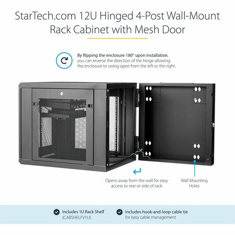 StarTech.com 4-Post 12U Wall Mount Network Cabinet, 19" Hinged Wall-Mounted Server Rack for IT Equipment, Flexible Lockable Rack Enclosure — RK1232WALHM