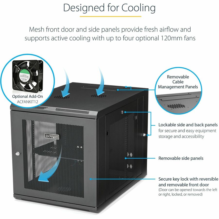StarTech.com 4-Post 12U Wall Mount Network Cabinet, 19" Hinged Wall-Mounted Server Rack for IT Equipment, Flexible Lockable Rack Enclosure — RK1232WALHM