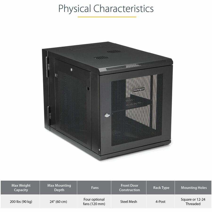 StarTech.com 4-Post 12U Wall Mount Network Cabinet, 19" Hinged Wall-Mounted Server Rack for IT Equipment, Flexible Lockable Rack Enclosure — RK1232WALHM
