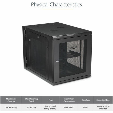 StarTech.com 4-Post 12U Wall Mount Network Cabinet, 19" Hinged Wall-Mounted Server Rack for IT Equipment, Flexible Lockable Rack Enclosure — RK1232WALHM