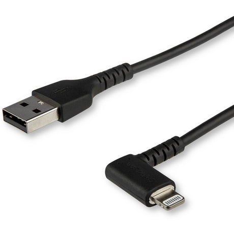StarTech.com 1m USB A to Lightning Cable iPhone iPad Durable Right Angled 90 Degree Black Charger Cord w/Aramid Fiber Apple MFI Certified — RUSBLTMM1MBR