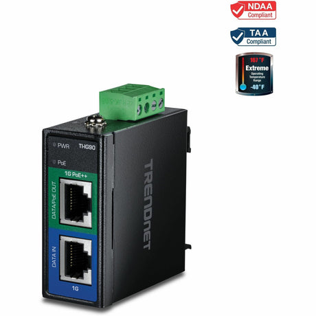 TRENDnet Industrial 95W Gigabit PoE++ Injector, TI-IG90, 1 x Gigabit Port, 1 x Gigabit PoE++ Port, Provides PoE (15.4W), PoE+ (30W), PoE++ (95W), NDAA & TAA Compliant — TI-IG90
