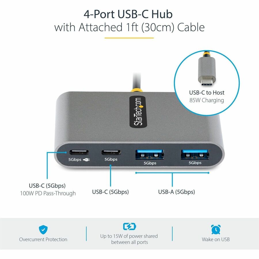 StarTech.com 4-Port USB-C Hub with 100W Power Delivery Pass-Through, 2x USB-A + 2x USB-C, 5Gbps, 1ft/30cm Long Cable, Portable USB 3.0 Hub — 5G2A2CPDB-USB-C-HUB