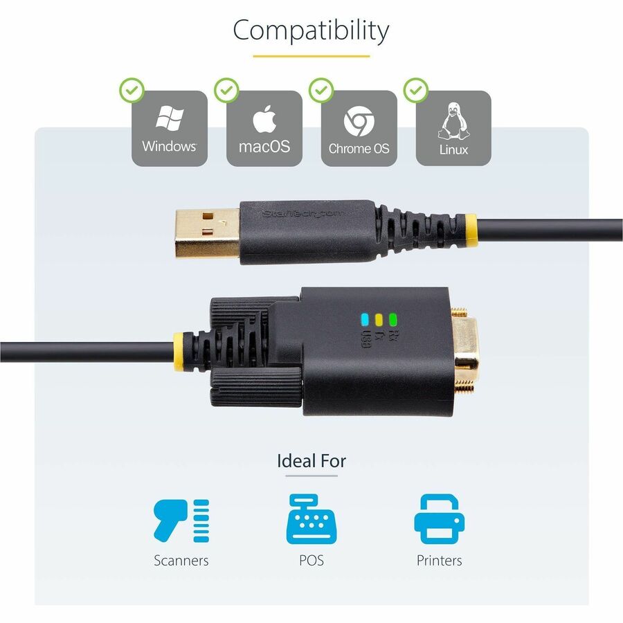 StarTech.com 3ft (1m) USB to Serial Adapter Cable, COM Retention, FTDI IC, DB9 RS232, Interchangeable DB9 Screws/Nuts, Windows/macOS/Linux — 1P3FFCB-USB-SERIAL
