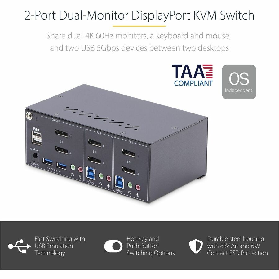 StarTech.com 2-Port Dual-Monitor DisplayPort KVM Switch, 4K 60Hz, 2x USB 5Gbps Ports, Hotkey/Push-Button Switching, TAA Compliant — P2DD46A2-KVM-SWITCH