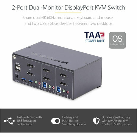 StarTech.com 2-Port Dual-Monitor DisplayPort KVM Switch, 4K 60Hz, 2x USB 5Gbps Ports, Hotkey/Push-Button Switching, TAA Compliant — P2DD46A2-KVM-SWITCH