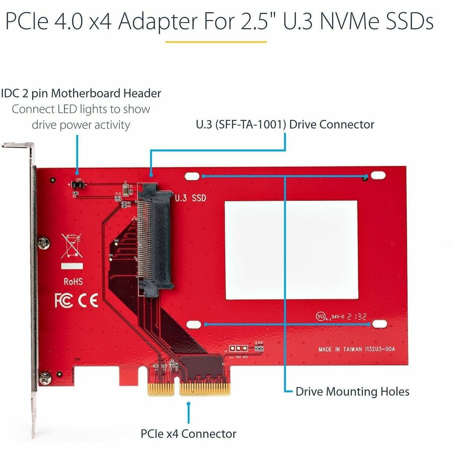 StarTech.com U.3 to PCIe Adapter Card, PCIe 4.0 x4 Adapter For 2.5" U.3 NVMe SSDs, SFF-TA-1001 PCI Express Add-in Card, TAA Compliant\n — PEX4SFF8639U3