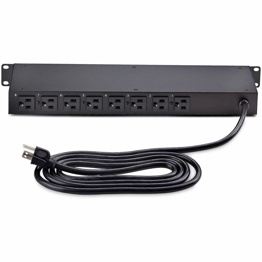 StarTech.com 8-Outlet Horizontal Rack Mount PDU, 1U Power Strip, Outlet On/Off Switches, 15A Circuit Breaker, 8ft/2.4m Cord, NEMA 5-15P/R — 8NS8-RACK-MOUNT-PDU