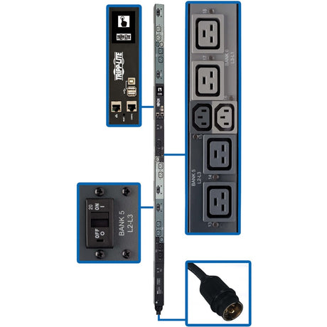 Eaton Tripp Lite Series 14.4kW 208V 3PH Monitored Per-Outlet PDU - LX Interface, Gigabit, 18 Outlets, 50A CS8365C Input, LCD, 1.8 m Cord, 0U 1.8 m Height, TAA — PDU3EVNR6H50A