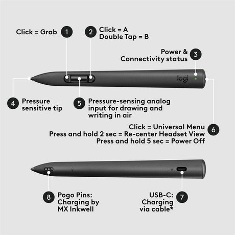 Logitech MX Ink Mixed-Reality (MR) Stylus with Charging Dock Combo, high precision and pressure sensitive, for Meta Quest 2, Meta Quest 3, Meta Quest 3S — 914-000087