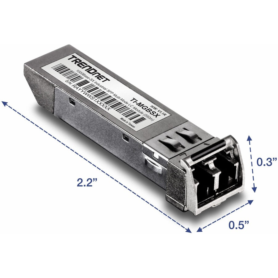 TRENDnet 1000Base- SX Industrial SFP to RJ45 Multi-Mode LC Module; TI-MGBSX; Up to 550m (1;804 Ft); IEE 802.3z; ANSI Fiber Channel; Data Rates up to 1.25Gbps; LC-Type Duplex; Lifetime Protection — TI-MGBSX