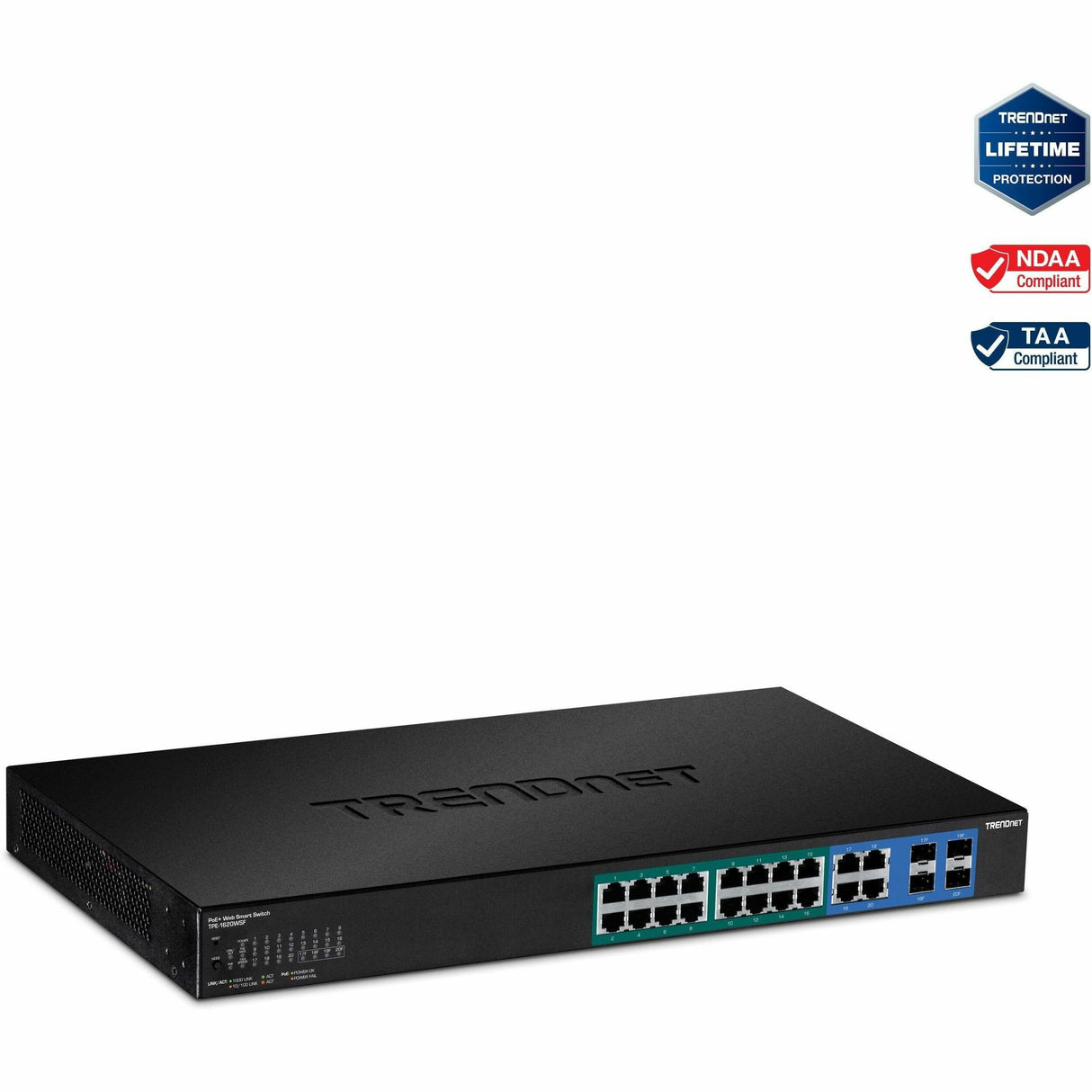 TRENDnet 20-Port Gigabit Web Smart 370W PoE+ Switch; TPE-1620WSF; 16 Gigabit PoE+ Ports; 4 Shared Gigabit Ports(RJ-45 or SFP); 370W PoE Budget;Managed PoE+ Ethernet Network Switch; Lifetime Protection — TPE-1620WSF