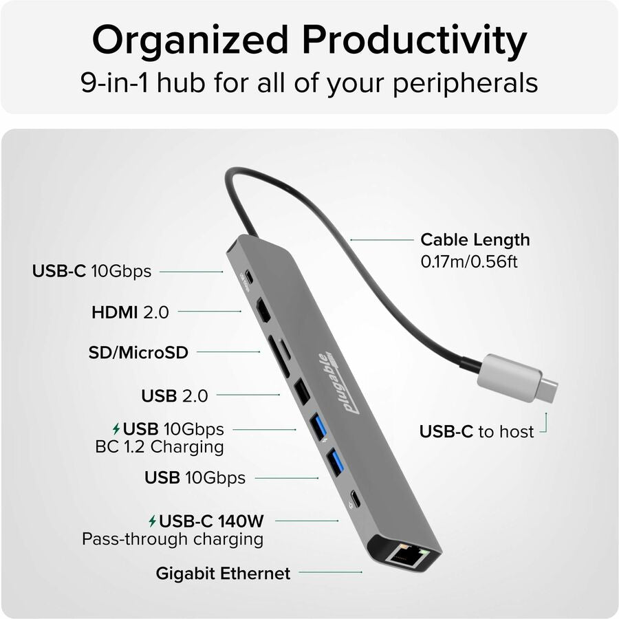 Plugable USB C Hub Multiport Adapter (9-in-1) 140W Power Delivery Charging, 4K 60Hz HDMI — USBC-9IN1E