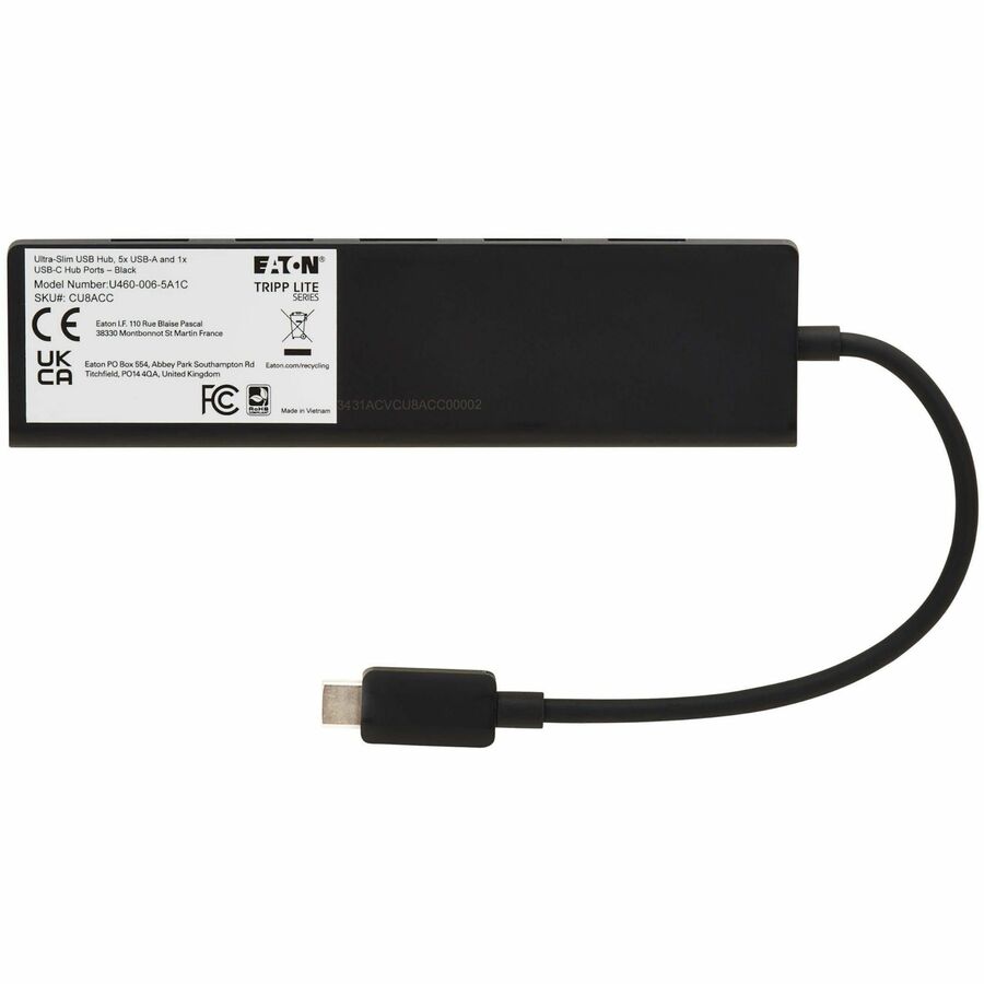 Eaton Tripp Lite Series 6-Port Slim USB Hub, USB 3.2 Gen 2 (10 Gbps) and USB-A 2.0 Hub Ports, USB-C Connector with USB-A Adapter, Black — U460-006-5A1C