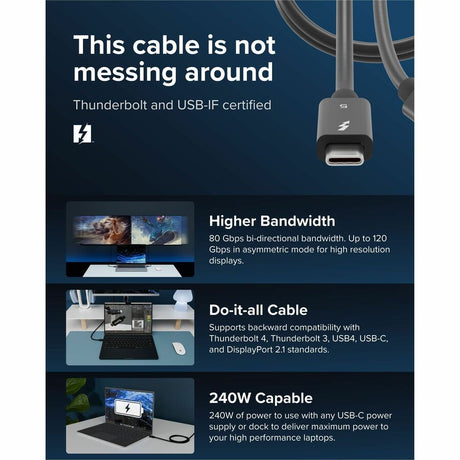 Plugable Thunderbolt 5 Cable with 80Gbps and 240W Charging - Thunderbolt Certified | Up to 120Gbps Bandwidth Boost — TBT5-240W1M