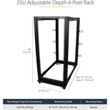 StarTech.com 4-Post 25U Mobile Open Frame Server Rack, 19in Network Rack with Casters, Rolling Rack for Computer/AV/Data/IT Equipment — 4POSTRACK25U