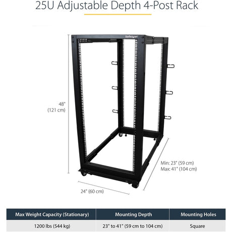 StarTech.com 4-Post 25U Mobile Open Frame Server Rack, 19in Network Rack with Casters, Rolling Rack for Computer/AV/Data/IT Equipment — 4POSTRACK25U
