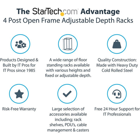 StarTech.com 4-Post 25U Mobile Open Frame Server Rack, 19in Network Rack with Casters, Rolling Rack for Computer/AV/Data/IT Equipment — 4POSTRACK25U