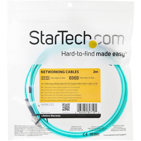 StarTech.com 2m Fiber Optic Cable - 10 Gb Aqua - Multimode Duplex 50/125 - LSZH - LC/LC - OM3 - LC to LC Fiber Patch Cable — A50FBLCLC2