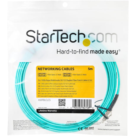 StarTech.com 5m (16.4ft) LC/UPC to LC/UPC OM3 Multimode Fiber Optic Cable, Full Duplex 50/125 Zipcord, 100G, LSZH Fiber Jumper Cord — A50FBLCLC5