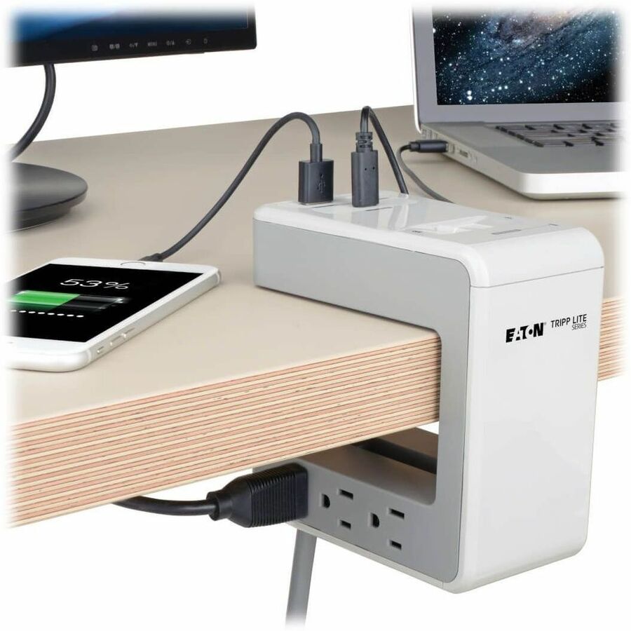 Eaton Tripp Lite Series 6-Outlet Surge Protector w/2 USB-A (4.8A Shared) & 1 USB-C (3A) - 8 ft. (2.43 m) Cord, 1080 Joules, Desk Clamp — TLP648USBC