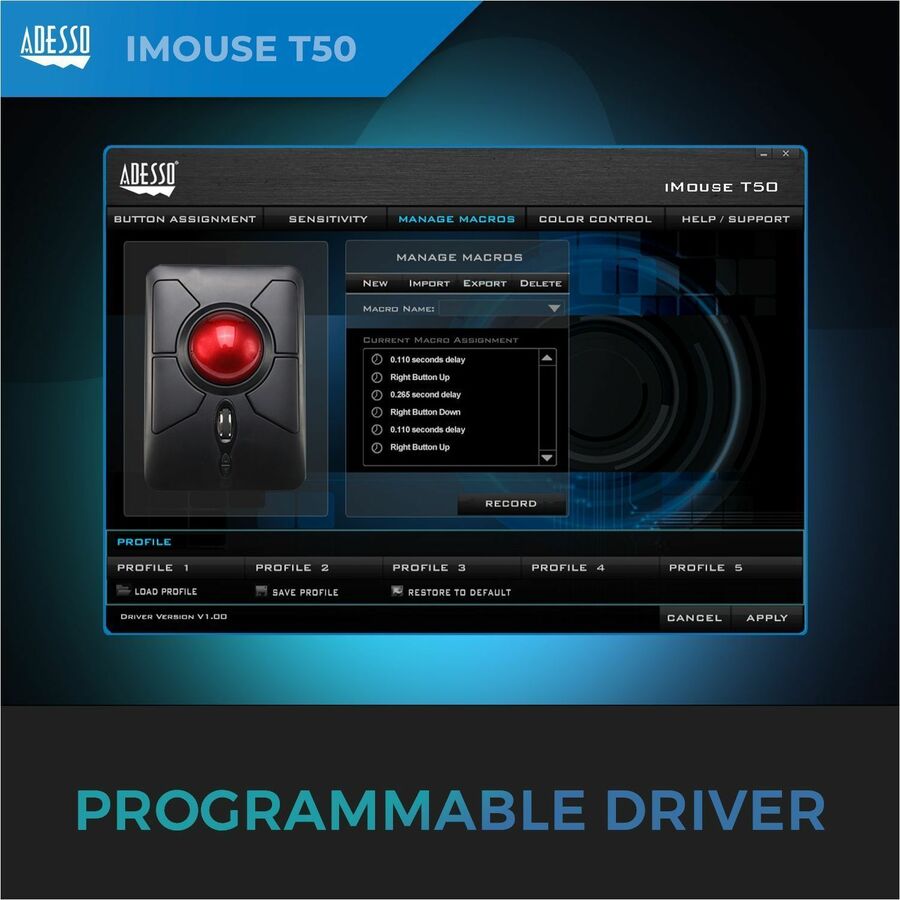 Adesso iMouse T50 Wireless Programmable Ergonomic Trackball Mouse — iMouse T50