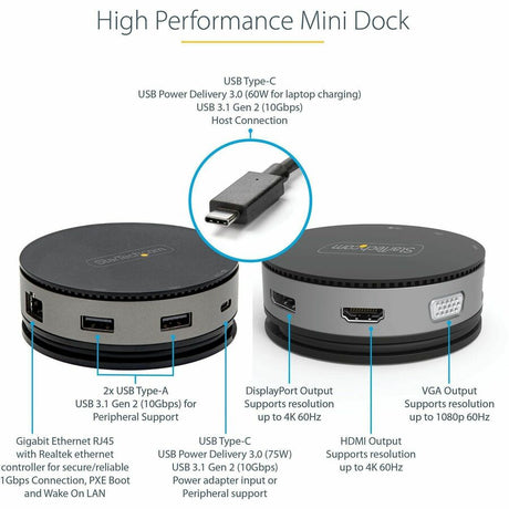 StarTech.com USB C Multiport Adapter - USB Type-C 10Gbps Mini Dock 4K 60Hz HDMI/DisplayPort/1080p VGA - 75W PD Passthrough, USB Hub & GbE — DKT31CHDVCM