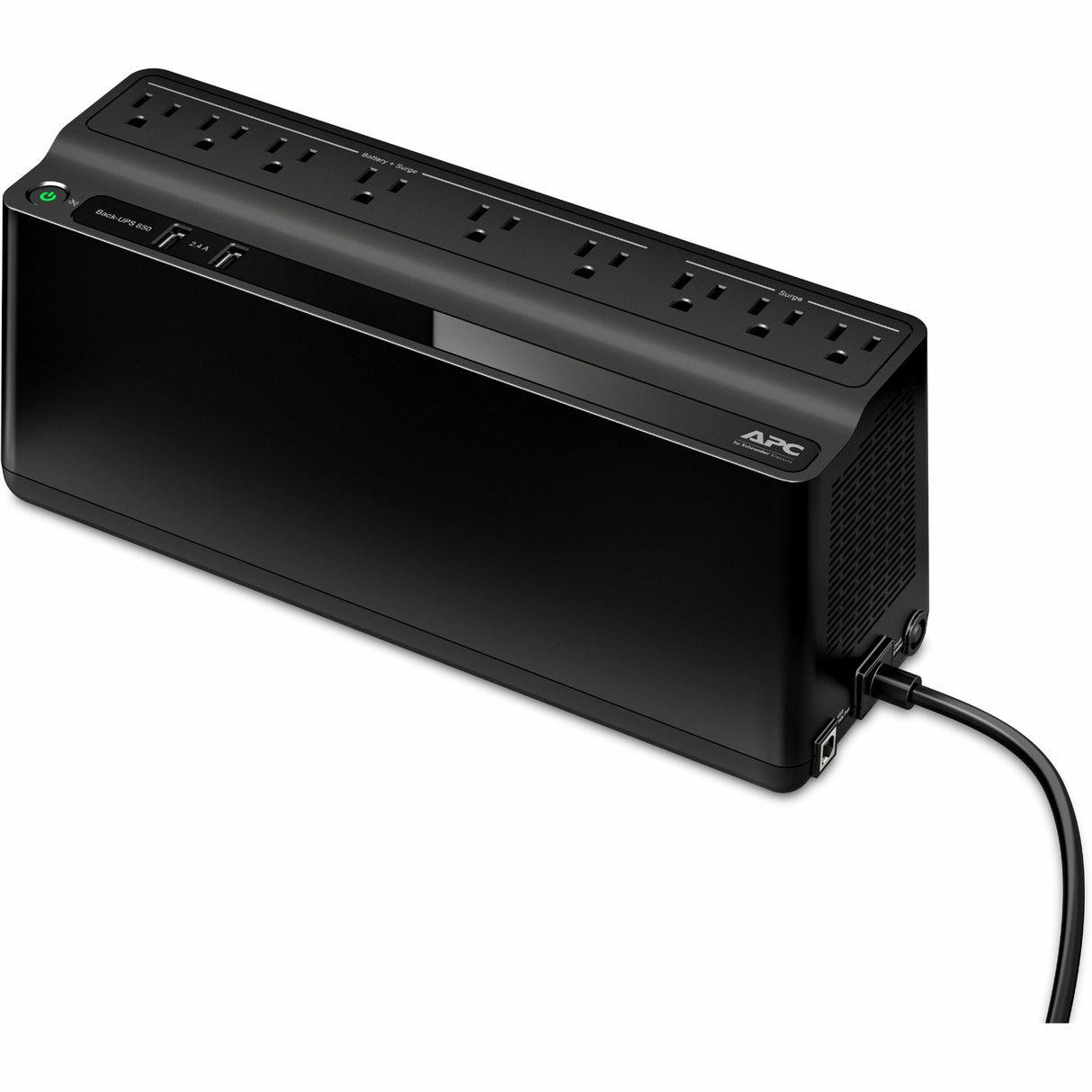 APC Back-UPS 850VA, 120V, 2 USB charging ports, 9 NEMA outlets (3 surge) — BE850G2